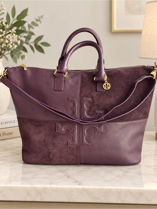 Tory Burch Handbags - Tory Burch Plum Leather & Suede Tote with Gold Hardware